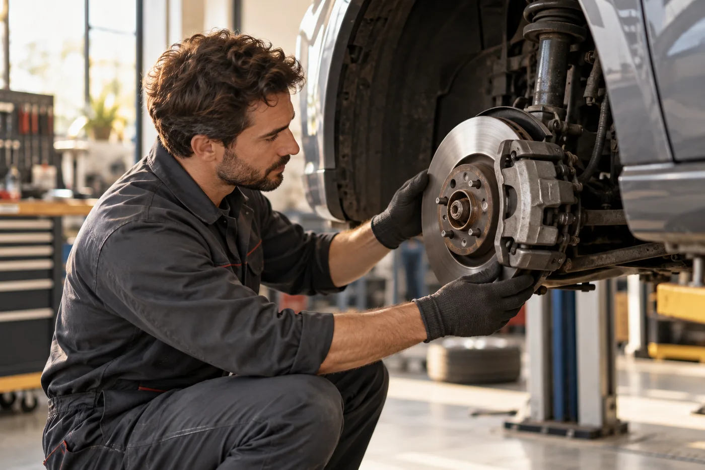 AI-generated illustration of a mechanic inspecting brakes in a workshop.