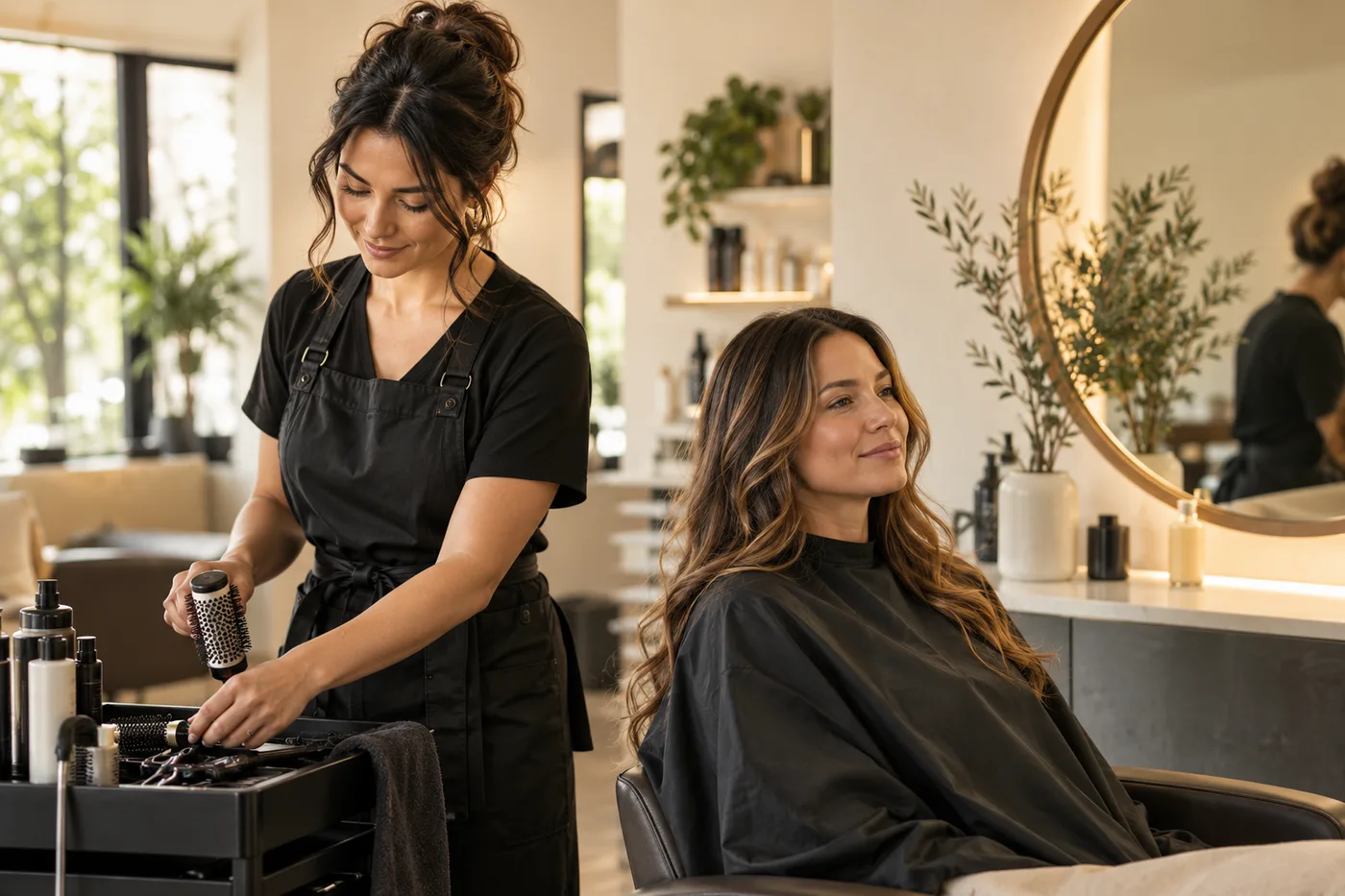 AI-generated illustration of a hairstylist and a client in a beauty studio.