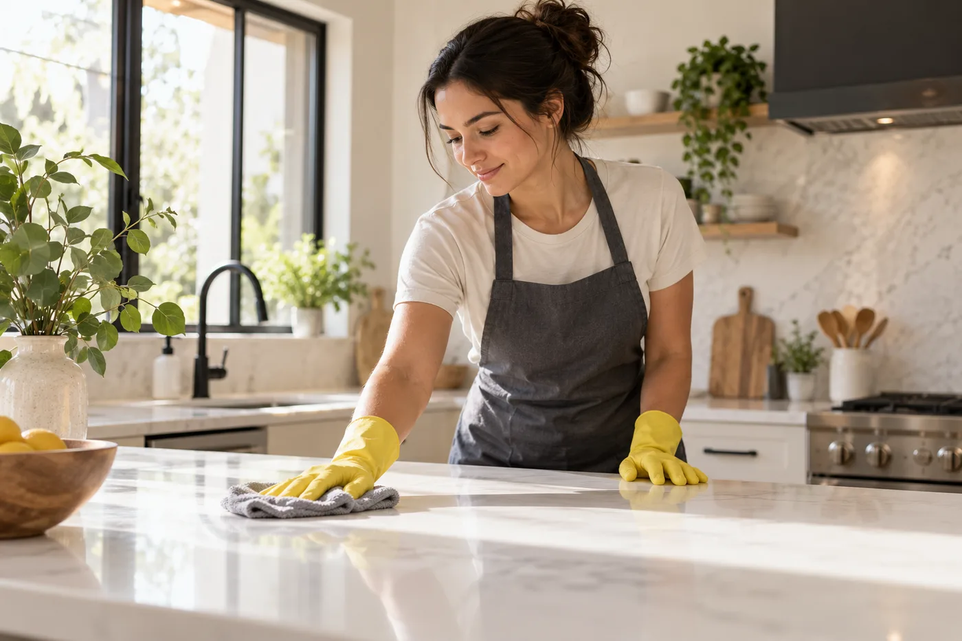 AI-generated illustration of a cleaning professional working in a bright kitchen.