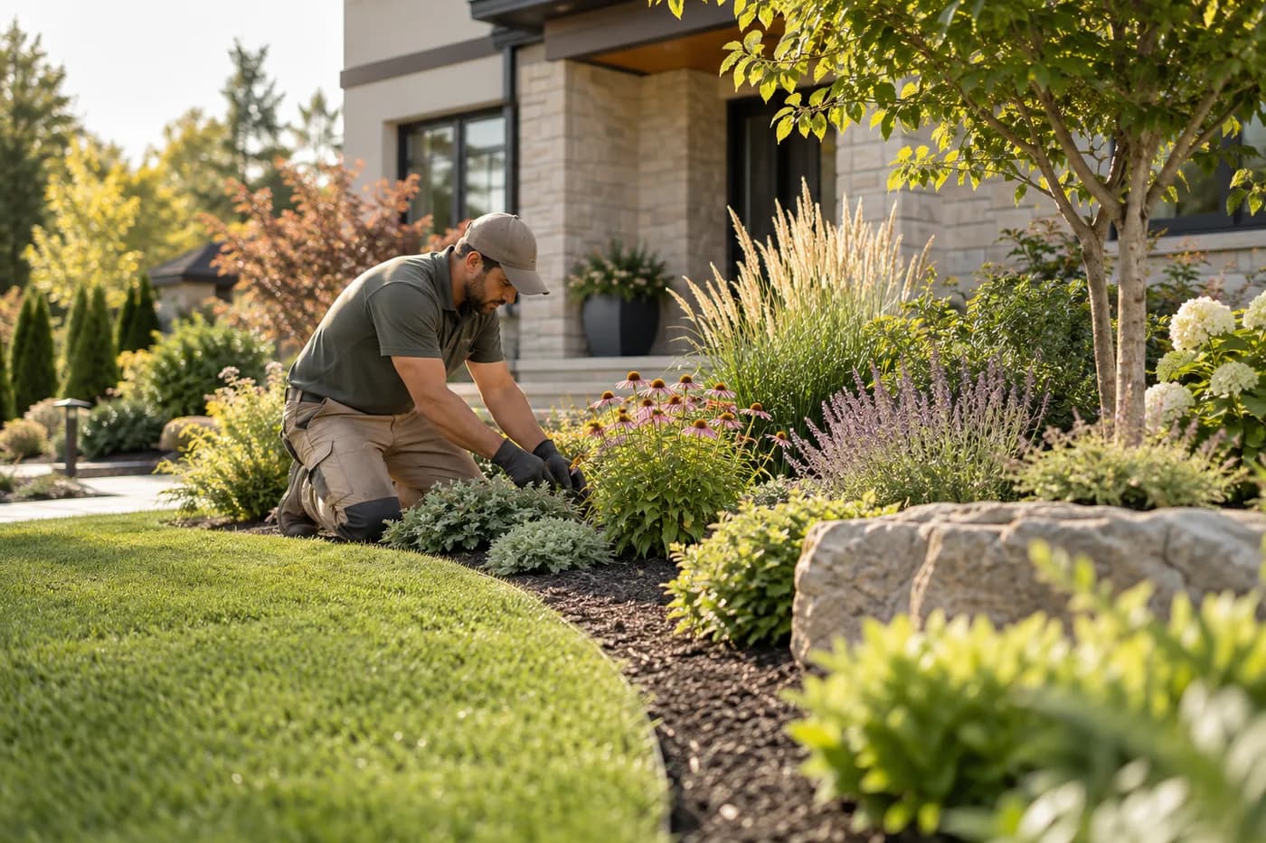 AI-generated illustration of a landscaper tending plants in a residential garden.