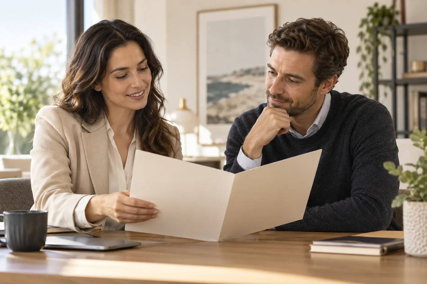AI-generated illustration of two people reviewing a folder with no private data.
